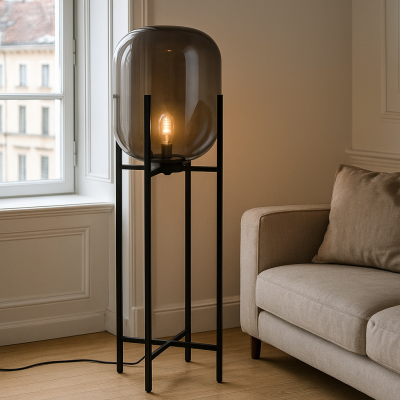 Staklena podna lampa siva, Roxy, s prekidačem