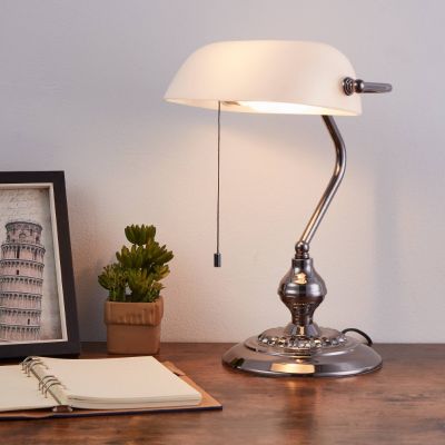 Čelična klasična bankarska lampa nikalna, Lugco, s prekidačem na povlačenje